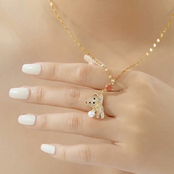 Gold Teddy Bear Pendant Necklace with Red Heart. - Picture 3 of 6